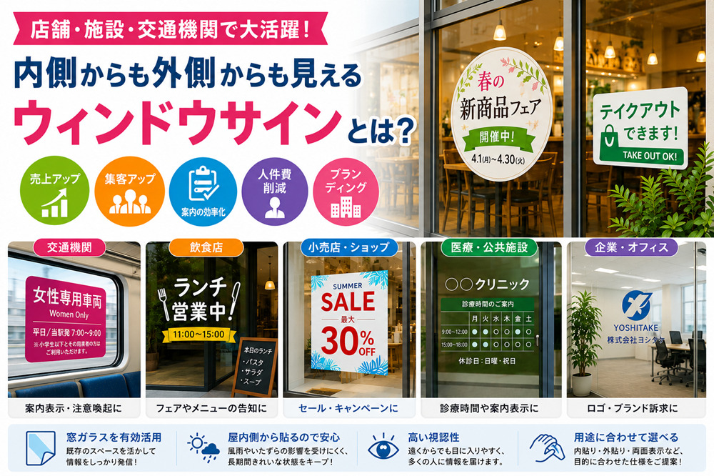 店舗・施設・交通機関で大活躍!内側からも外側からも見える「ウインドウサイン」とは?